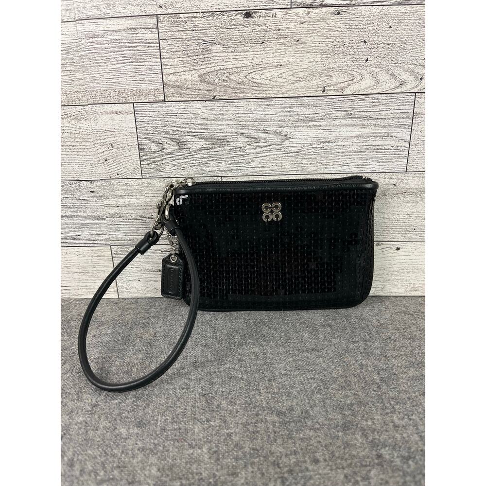 COACH BLACK Sequin Leather Signature WRISTLET Wallet Small Evening Travel Bag
